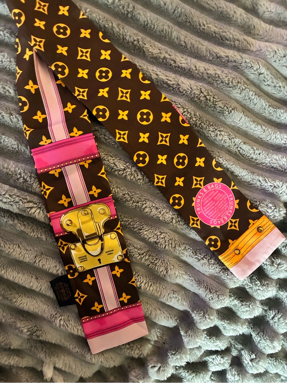 Monogram Print Silk Scarf Tie with Pink & Gold Accents Designer LV